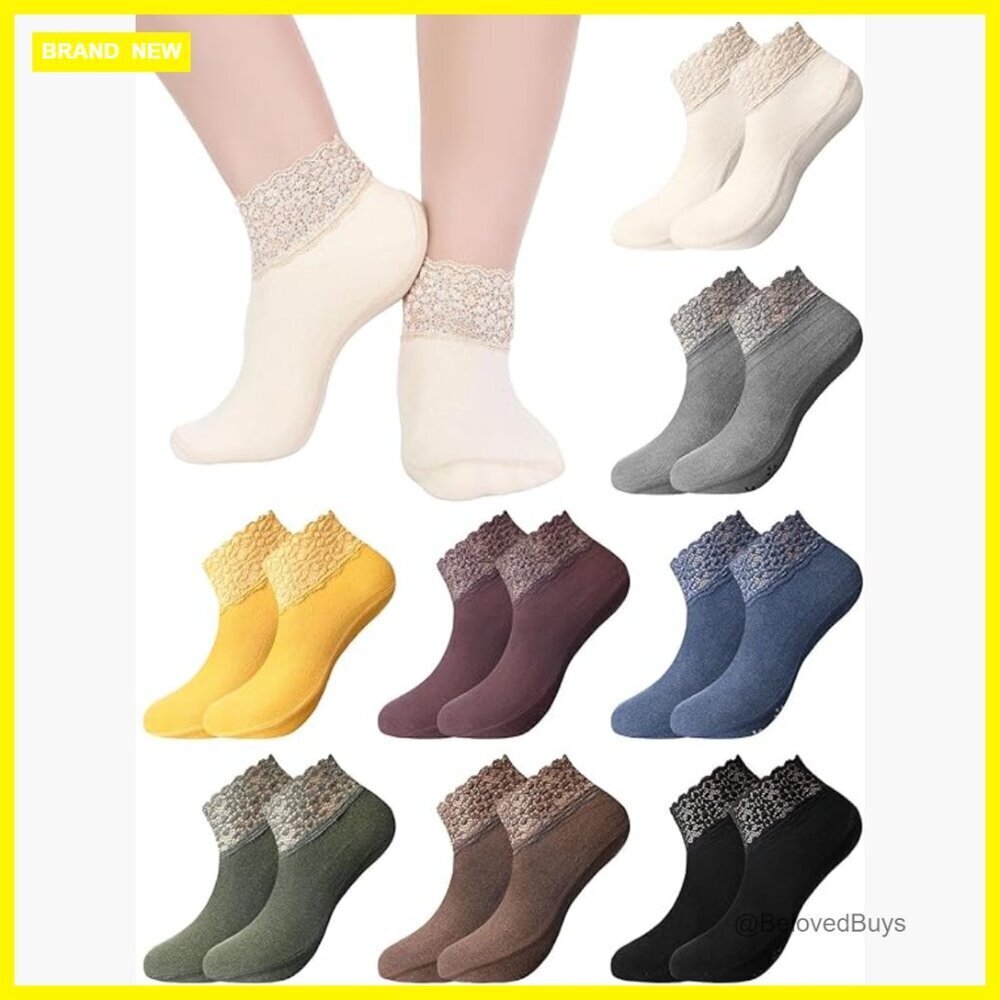 8 Pairs Women's Lace Ankle Socks, Dralon Material, Slip-Resistant, Hand Wash